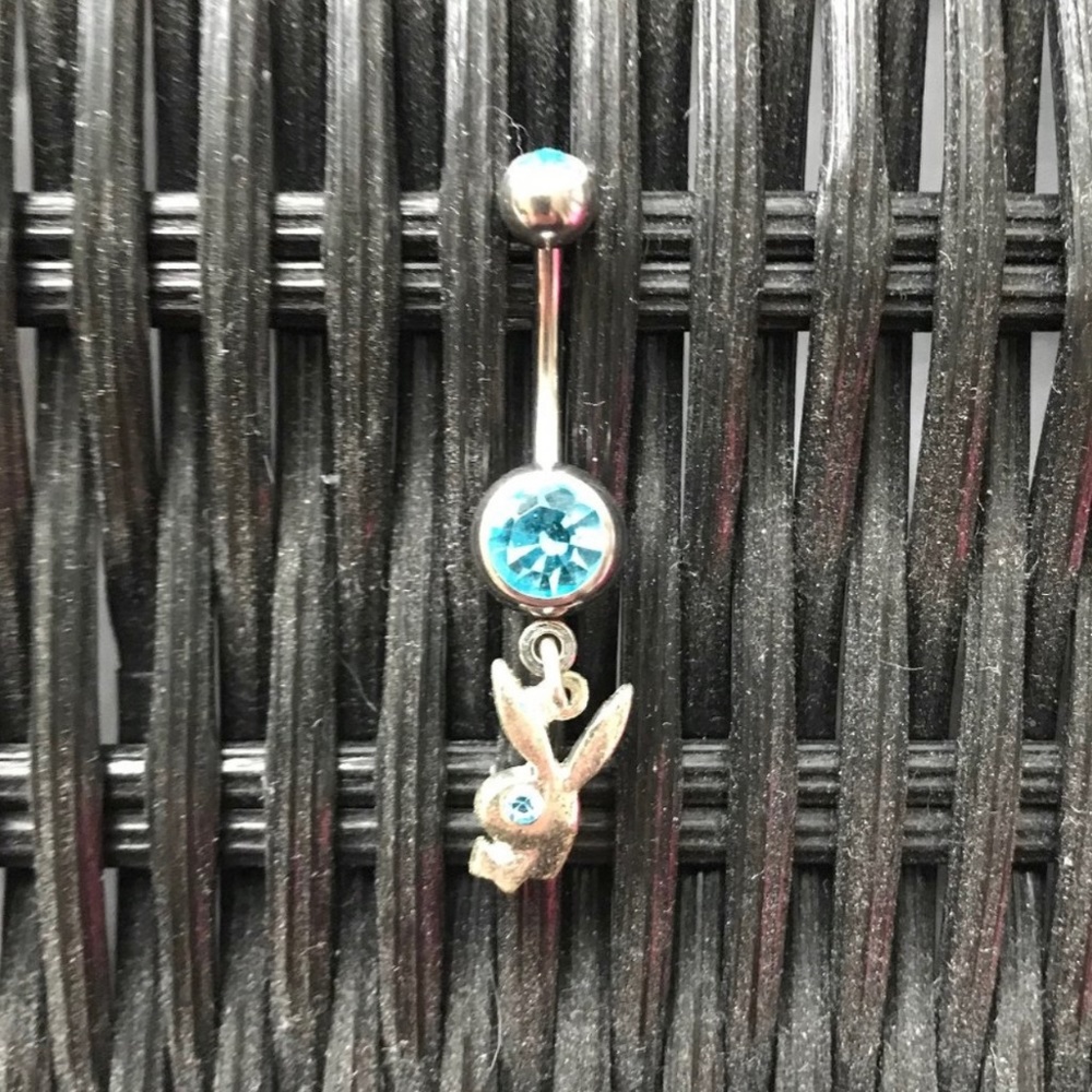 playboy dangly crystal belly button navel ring Aqua stone